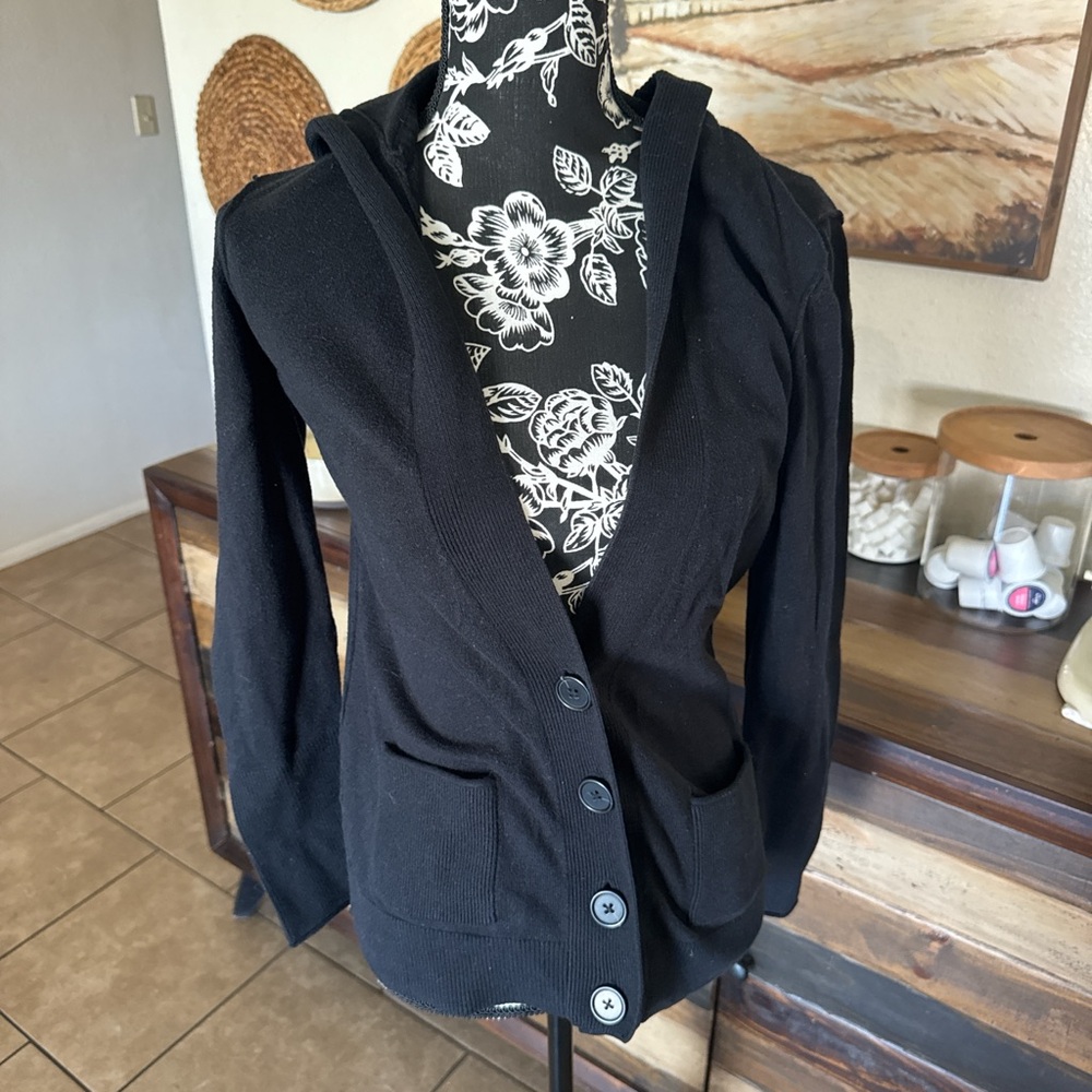 Y2K Black Button-Front Hooded Cardigan